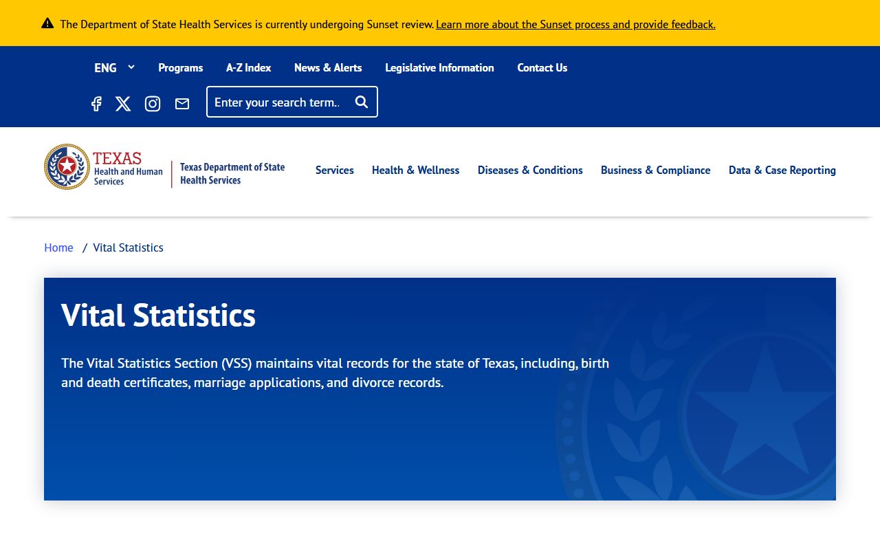 Texas DSHS Vital Statistics portal for death records