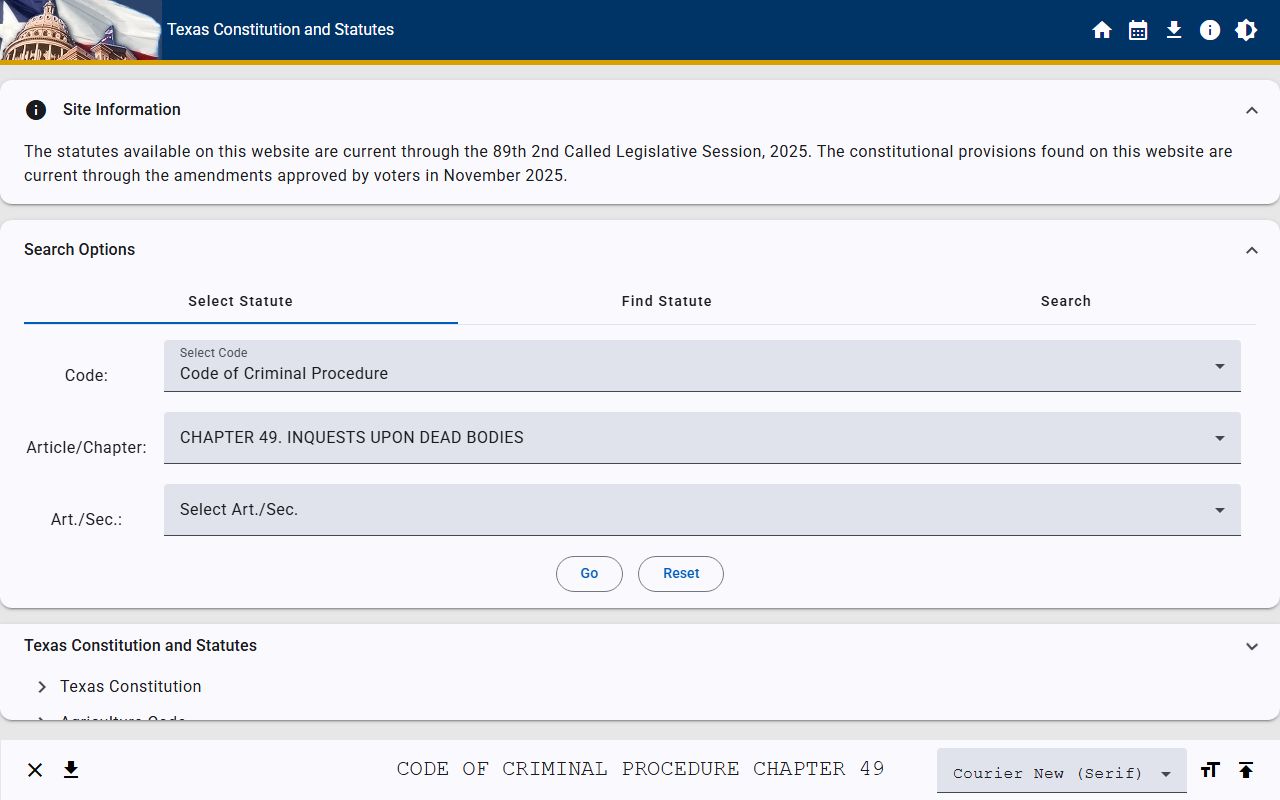 Texas Code of Criminal Procedure Chapter 49 death investigation rules